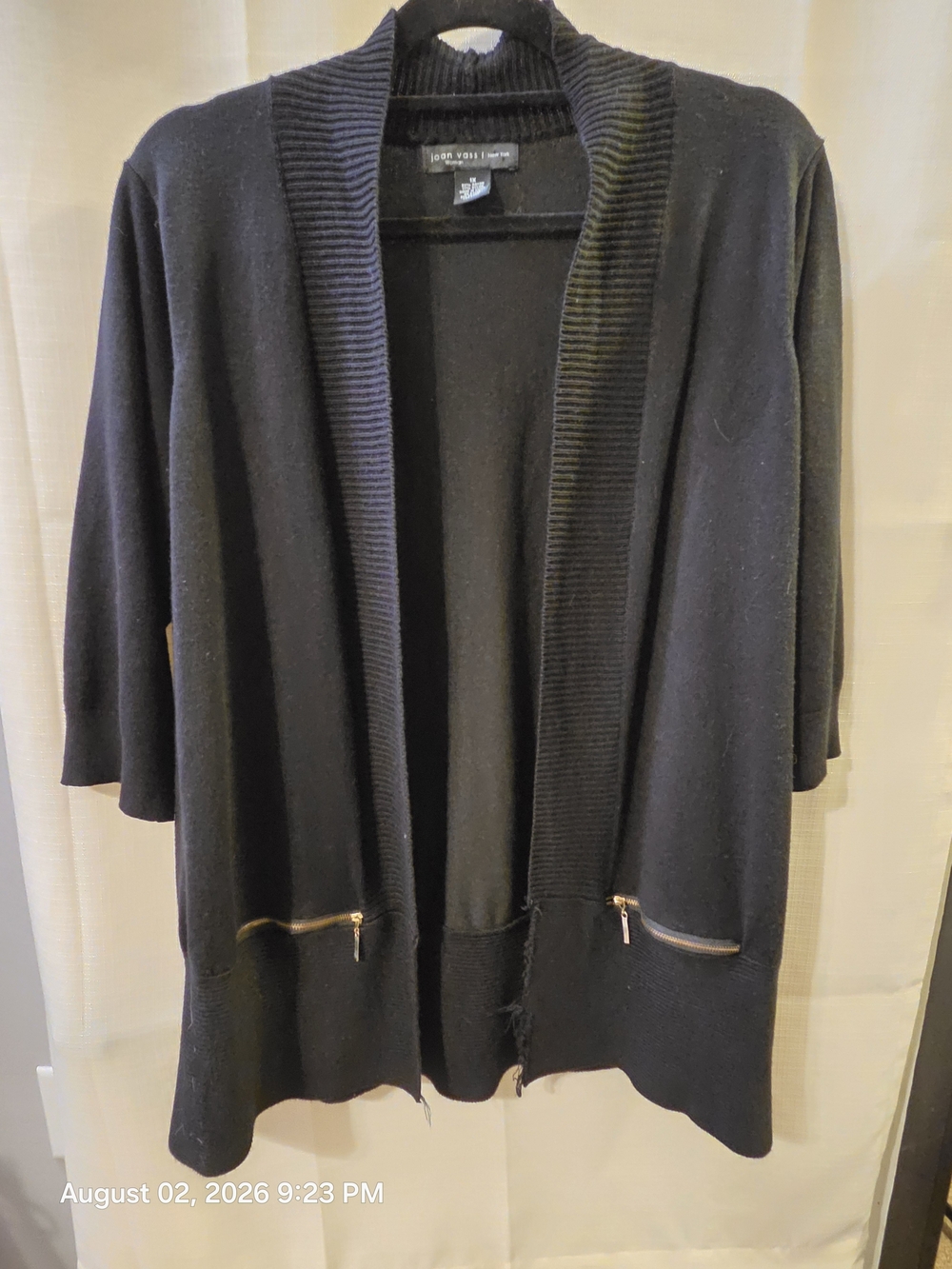 Joan Vass Black Open-Front Ribbed Trim Cardigan with Zip Pockets